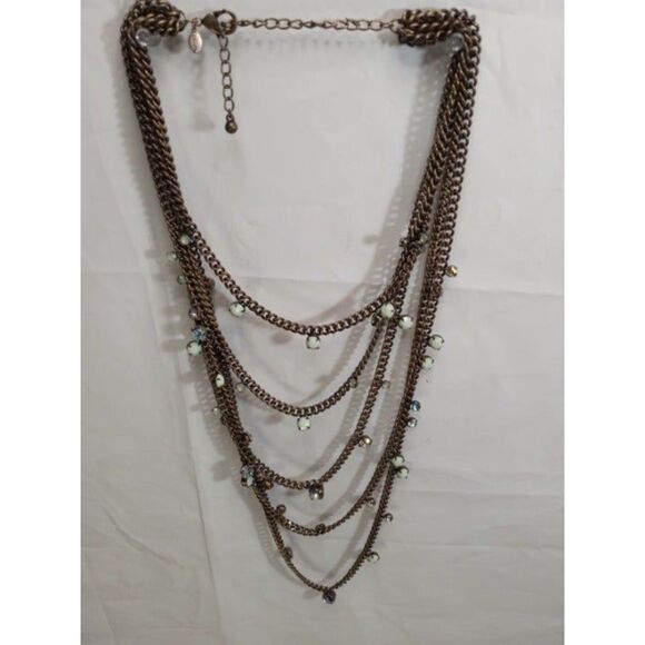 Vintage Chico's Five Strand Brass Link and Rhinestone Necklace - Picture 2 of 11